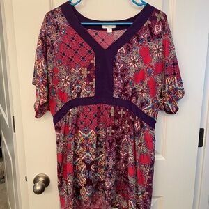 Boho Silk Short-Sleeve V-Neck Top Size 14